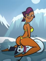 ass athletic big_ass big_butt bikini busty dark dark-skinned_female female figure focus hips hourglass object_in_ass object_insertion only_female purple_hair sierra_(tdi) skin solo tdkai_art thong total_drama_island