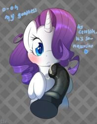 2016 animal_genitalia animal_penis blue_eyes blush cum disembodied_penis duo english_text equine equine_penis female feral friendship_is_magic hair heart hi_res horn horsecock male mammal my_little_pony pattern_background penis purple_hair rarity_(mlp) simple_background straight text unicorn xaipony_(artist)