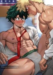 bakugou_katsuki blush boku_no_hero_academia bulge bulge_through_clothing gay izuku_midoriya katsuki_bakugou male male_only midoriya_izuku muscles muscular muscular_male my_hero_academia suyohara tagme yaoi