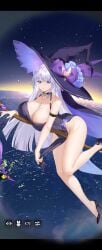 blue_eyes broom cleavage flying game_cg heels hi_res highres how_to_raise_a_harem huge_breasts large_breasts legs long_hair necklace no_bra no_panties official_art screenshot silver_hair staff thick_thighs thighs violet_(how_to_raise_a_harem) white_hair witch witch_hat