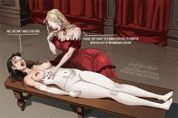 2girls begging begging_for_mercy begging_to_stop black_hair blonde_hair breasts_out cowgirl_position deviantart girls_only hand_on_belly laying_on_table lipstick mannequin mannequin_transformation naked_female nipples nipples_outside petrification red_dress scared scared_expression text transformation