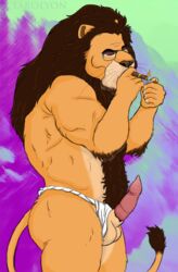 1boy animal_genitalia balls barbary_lion barbed_penis black_mane body_hair cigar clothing erection eyewear father feline fundoshi glasses happy_trail hi_res japanese_clothing lighter lion male male_only mammal mane muscular parent penis sheath smoke smoking solo tarolyon underwear