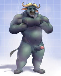 1boy anthro balls biceps big_muscles black_nipples cape_buffalo chief_bogo disney erection fur grey_fur horn humanoid_penis male male_only musclegut muscular navel nipple_pinch nipple_stimulation nipples nude open_mouth pecs penis precum red_eyes rheobear shower solo source_request standing teeth uncut vein veiny_penis zootopia