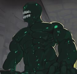 1boy 2024 abs anthro athletic athletic_male balls bodily_fluids digital_media_(artwork) eyeless glistening glistening_body green_body hi_res kogito low-angle_view male_only missing_arm monster muscular muscular_anthro muscular_male pecs pectorals penis simple_background slime slime_monster solo_male specimen_2 spooky's_house_of_jump_scares spooky's_jump_scare_mansion teeth vein veiny_arms