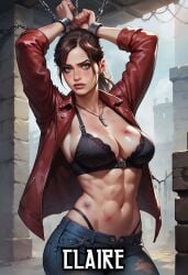 abs ai_generated arms_above_head black_bra blush bondage bra chains claire_redfield cleavage female injured jacket jeans necklace open_jacket panty_straps resident_evil restrained restrained_arms shackles solo sterlingproductions tied_up torn_pants video_games wrists_restrained