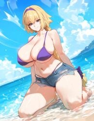 1girls ai_generated beach big_breasts bikini blonde_hair blue_eyes child_bearing_hips daisy_dukes fate/grand_order fate_(series) female female_focus female_only huge_breasts jeanne_d'arc_(fate) large_breasts long_hair navel ponytail purple_bikini shorts thick_thighs thighs