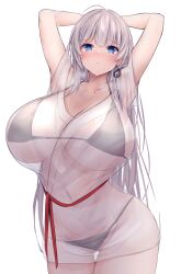 1girls arms_up azur_lane bikini blue_eyes breasts cleavage female hips huge_breasts iron_blood_(azur_lane) light-skinned_female light_skin long_hair mainz_(azur_lane) mainz_(the_silkiest_brew)_(azur_lane) see-through see-through_clothing thick_thighs thighs white_hair wide_hips yuuki_shuri