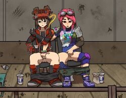 2girls black_shirt blue_eyes blush braid braided_twintails brite_bomber brite_raider brown_hair car_seat clothed clothing dark_star_odyssey eating female female_only fortnite fortnite:_battle_royale goggles goggles_on_head indoors light_skin mask mask_on_head masturbation multiple_girls oil open_legs partially_clothed pink_eyes pink_hair popcorn pussy pussy_juice red_jacket red_mask slap_juice the_machinist_(fortnite) tomboy yuri