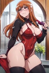 1girl ai_generated arms big_breasts cleavage glasses large_breasts leotard mikakunin_de_shinkoukei orange_hair partially_visible_nipples partially_visible_vulva public queen_draos stocking stockings_thigh_highs thick_legs thick_thighs visible_pussy wide_hips yonomori_benio