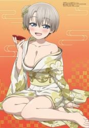 1girls bare_legs bare_shoulders bare_thighs barefoot big_breasts blue_eyes blush breasts feet female female_only fucked_from_behind grey_hair hair_ornament megami_magazine official_art open_mouth short_hair smile solo thighs toes uzaki-chan_wa_asobitai! uzaki_hana yukata