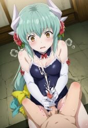 1boy 1girls ai_generated big_breasts blush breast censored clothed clothed_sex clothing cum cumshot dragon_girl ejaculation fate/grand_order fate_(series) female female_focus femdom flower flower_in_hair flowers frown green_hair handjob horns kiyohime_(fate) kiyohime_(fate/grand_order) kiyohime_(swimsuit_lancer)_(fate) long_globes long_gloves long_hair male mosaic_censoring open_mouth penis pov straight swimsuit white_gloves