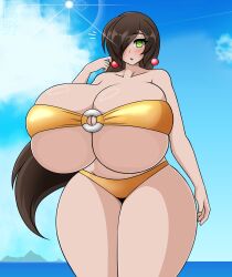 beach bikini blush chestnut_mouth gigantic_breasts hyper_breasts looking_at_viewer multiple_views notice_lines one_arm_up original original_character skindentation takano_(artist) thick thick_thighs vannie_(takano) wide_hips yellow_bikini