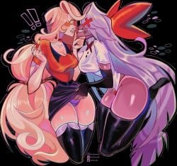 charlie_morningstar_(hazbin_hotel) hazbin_hotel lipstick lipstick_mark long_hair panties ribbon sallomezz skirt_lift vaggie_(hazbin_hotel) yuri yuri