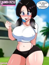 bike_shorts black_hair blue_eyes blush dragon_ball dragon_ball_z english_text huge_breasts landidzu nipples_visible_through_clothing spats speech_bubble thick_thighs thong_straps twintails videl