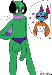 1boy 1boy1girl 1girls blush boyfriend-girlfriend concerned femboy hung_femboy iterator_(rain_world) large_penis looks_to_the_moon_(rain_world) no_significant_harassment_(rain_world) penis rain_world robot speedo thecreechur12345 wardrobe_malfunction