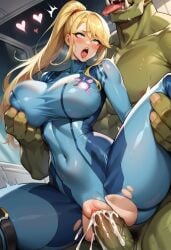 ahe_gao ai_generated big_penis blonde_hair blue_eyes bodysuit cum cum_inside dai01 female floating_heart green_skin huge_cock human_female large_penis light-skinned_female light_skin male metroid nintendo orc orc_male ponytail samus_aran sex sex_from_behind size_difference tongue_out