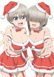 bare_belly bare_shoulders belly_button big_breasts blue_eyes breasts eyes_covered garter_straps grey_hair hair_over_eyes official_art open_mouth santa_costume santa_hat short_hair sisters smile thighs uzaki-chan_wa_asobitai! uzaki_hana uzaki_yanagi