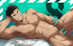 1boy abs bar_censor bara black_hair censored completely_nude erection facial_hair hibino_kafka highres kafka_hibino kaiju_no.8 kuroshinki large_pectorals lying male_focus muscular muscular_male navel nipples nude on_side pectorals penis short_hair smile solo teeth testicles thick_thighs thighs