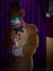 1boy animatronic anthro bear blue_eyes blush cum erection felinesyndr0me five_nights_at_freddy's five_nights_at_freddy's_2 freddy_(fnaf) glowing glowing_eyes hair hat headgear machine male male_only mammal masturbation nude orgasm penis robot solo teeth toy_freddy_(fnaf) video_games