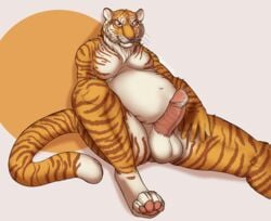 anthro balls belly cum cum_on_penis deessel erection feline fur hi_res looking_at_viewer male male_only mammal nude overweight penis slightly_chubby solo tiger