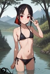 ai_generated bangs bare_shoulders bikini black_bikini black_hair blush breasts closed_mouth collarbone cowboy_shot day female folded_ponytail hair_ribbon halterneck hand_up kaguya-sama_wa_kokurasetai_~tensai-tachi_no_renai_zunousen~ lake looking_at_viewer mountain nature navel outdoors parted_bangs pikkiwynn red_eyes red_ribbon ribbon river shinomiya_kaguya short_hair side-tie_bikini_bottom sidelocks small_breasts smile solo standing stomach swimsuit tree v wading water wet