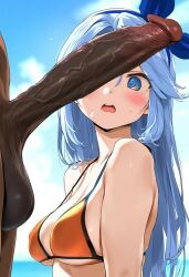 1boy 1girls ahe ai ai_generated apart blue_eyes blue_hair breasts dark dark-skinned_male faceless female female_legs gao_ahoge long_hair male medium_breasts minah open_mouth outdoors skin spread_legs tongue