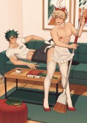 2boys bakugou_katsuki blonde_hair_male cleaning coffee_mug crossdressing gay green_hair_male high_heels humispicy izuku_midoriya katsuki_bakugou looking_at_another looking_back maid maid_uniform male_chest male_nipples man_boobs midoriya_izuku my_hero_academia pectorals pet_collar red_headband red_heels seductive seductive_look sissy solo_male