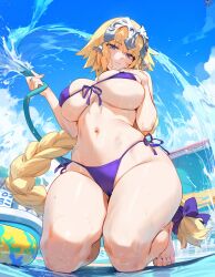 1girls ai_generated big_breasts bikini blonde_hair blue_eyes child_bearing_hips fate/grand_order fate_(series) female female_focus female_only huge_breasts jeanne_d'arc_(fate) large_breasts long_hair looking_at_viewer navel ponytail purple_bikini thick_thighs thighs water water_hose