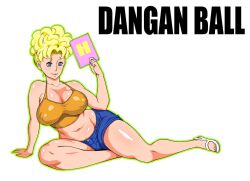 bikini_(dragon_ball) blonde_hair blue_eyes breasts cleavage dangan_minorz denim denim_shorts dragon_ball dragon_ball_z earrings female female_pubic_hair jewelry large_breasts looking_at_viewer lying navel on_side panchy panchy_(dragon_ball) plump pompadour pubic_hair sandals shorts smile tank_top