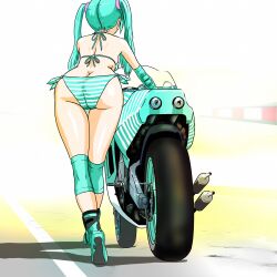 1girls ass ass_cleavage bikini blue_hair booty breasts female gapinelu hatsune_miku motorcycle outdoors outside road round_ass striped_bikini tagme twintails vocaloid