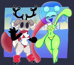 alien alien_girl antennae anthro big_pupils bikini deer deer_girl deer_horns ear flat_chest fur furry_ears furry_tail headgear headwear helmet hips lucy_(mschaox6) lunabella_(mschaox6) mschaox6 oc original original_character shiny_skin space_helmet tail_markings thick_thighs thighs wide_hips