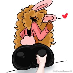 anthro ass ass_focus big_ass bunny_ears bunny_tail cheek_grabbing_material_(meme) edit female friday_night_fever friday_night_funkin heart hunni_(hunnibunnii) hunnibunnii looking_at_viewer looking_back meme pink_sweater yellow_hair