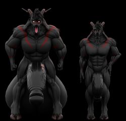 absurd_res anthro balls big_balls big_penis bovid caprine cassius_lewandowskiago dark_body dark_fur fur fur_markings genitals glowing glowing_eyes goat hi_res huge_balls huge_cock humanoid hyper hyper_balls hyper_genitalia hyper_penis male mammal markings muscular muscular_anthro muscular_male orange_eyes penis red_markings solo zi0808