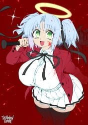 1girls absurd_res aqua_hair bat big_breasts black_thighhighs blood blood_on_face bokusatsu_tenshi_dokuro-chan creepy_smile female female_only green_eyes halo looking_at_viewer mitsukai_dokuro red_background school_uniform smiling smiling_at_viewer solo sparkles sparkling_eyes thegoldensmurf thighhighs twintails weapon_over_shoulder