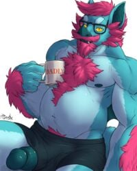 1boy alpha_channel anthro bat belly beverage big_penis blue_fur body_hair boxer_briefs bulge chest_hair chest_tuft clothed clothing countershading erection eyewear facial_hair fangs food fur glasses goatee gorath hair half-closed_eyes humanoid_penis looking_at_viewer male male_only mammal moustache muscular muscular_male navel nipples open_mouth penis penis_through_leghole pink_hair potbelly pubes sideburns simple_background sitting solo teal_penis topless transparent_background tuft underwear underwear_aside yellow_eyes