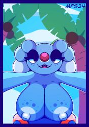 2024 animated anthro areola bedroom_eyes big_breasts bouncing bouncing_breasts breasts brionne cloud coconut drupe_(fruit) female floatzel food fruit generation_4_pokemon generation_7_pokemon heart_symbol hi_res looking_at_viewer male male/female matchesyashi narrowed_eyes nintendo nipples outside palm_tree plant pokemon pokemon_(species) red_nose seductive short_playtime sky solo teeth tongue tree white_areola white_nipples