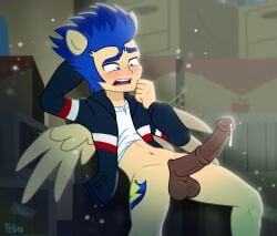 balls blush boner dazed dripping_cum equestria_girls erection felux flash_sentry horsecock human_male human_with_animal_genitalia human_with_horsecock male male_only my_little_pony penis pony_ears pulled_up_shirt solo solo_focus solo_male wings