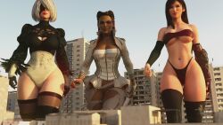 3d 3d_(artwork) 3girls apex_legends city cleavage cleavage_cutout dark-skinned_female dark_hair dark_skin female female_focus female_only final_fantasy final_fantasy_vii final_fantasy_vii_remake giantess jessicagts light-skinned_female light_skin loba_(apex_legends) multiple_females multiple_girls nier nier:_automata nier_(series) thick_thighs thighs tifa_lockhart underboob video_game_character white_hair yorha_2b