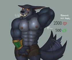 anthro balls bara barazoku big_balls big_penis blush bulge flaccid fleshformomo furry grabbing_bulge hand_behind_head holding_bulge league_of_legends male male_only muscles muscular penis solo solo_male strip_game sweat sweating wagging_tail warwick wolf