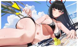 beach bikini black_bikini blue_archive large_breasts lying_on_side millennium_science_school_student pulled_by_self pulling_underwear reclining rio_(blue_archive) seminar_(blue_archive) thick_thighs wide_hips