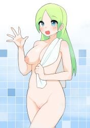 :d blue_eyes blush breasts commentary_request completely_nude cowboy_shot female green_hair highres holding holding_towel inverted_nipples kemono_friends long_hair looking_at_viewer medium_breasts mirai_(kemono_friends) nipples nude ollie_(ollie_stratos) open_mouth parted_bangs pussy shower_(place) smile solo swept_bangs towel uncensored walking waving