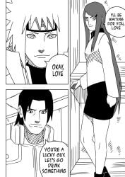 1girls 2boys comic commentary conversation dialogue dilf dilfs english_text friends long_hair married_couple milf monochrome namikaze_minato naruto naruto_(series) naruto_shippuden ninrubio red_hair seductive speech_bubble story uchiha_fugaku uzumaki_kushina