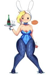 1girls adventure_time annoyed areola_slip areolae blonde_hair blush breasts bunny_ears bunnysuit chobonolly cleavage female fionna_the_human_girl fishnets looking_at_viewer nipples smile solo standing text white_background wide_hips wine