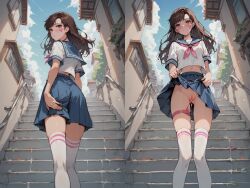 1girls ai_assisted ai_generated blush crop_top crop_top_overhang d.va egg_vibrator female no_panties no_panties_under_skirt outdoors overwatch overwatch_2 pleated_skirt presenting public pussy_juice pussy_juice_drip seifuku sex_toy skirt skirt_lift thighhighs vibrator vibrator_in_pussy vibrator_in_thigh_strap