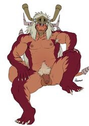 1boy 2014 5_toes absurd_res alternate_version_available balls biceps claws dragon drum's_father drum_bunker_dragon flaccid front_view future_card_buddyfight hand_on_knee headgear helmet hi_res horn humanoid_penis looking_at_viewer male male_only muscular navel nipples nude partially_retracted_foreskin pecs penis pubes red_body rossciaco scalie signature simple_background sitting solo toe_claws toes uncut white_background