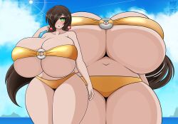 anime_style beach big_breasts bikini blush chestnut_mouth from_below gigantic_breasts huge_breasts hyper_breasts looking_at_viewer multiple_views notice_lines one_arm_up original original_character skindentation takano_(artist) thick thick_thighs vannie_(takano) wide_hips yellow_bikini