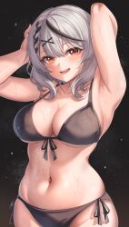 aoi_zerii armpits arms_behind_head bikini black_bikini blush hololive hololive_japan holox large_breasts sakamata_chloe slender_waist smile sweaty sweaty_body toned toned_male very_sweaty virtual_youtuber wide_hips