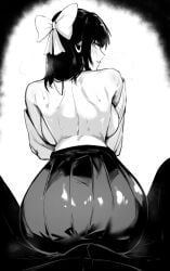 1boy 1girls angry ass back_view backboob bubble_butt grinding_through_clothes jujutsu_kaisen looking_at_viewer looking_back masoq095 monochrome riding_penis shonen_jump shrine_maiden steam sweat sweating taking_clothes_off unseen_male_face utahime_iori voluptuous