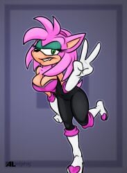 alhedgehog amy_rose amy_the_bat bodysuit breasts high_heels long_gloves neckline rouge_the_bat_(cosplay) sonic_(series) spandex_suit