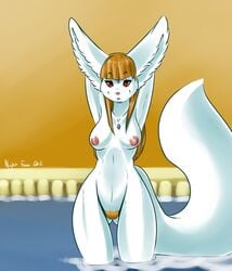 2012 anthro areola big_ears breasts brown_fur brown_hair canine english_text female fennec fox fur gem hair hi_res long_hair mammal nightfaux nipples nude partially_submerged pink_nose pubes raised_arm red_eyes selk_(nightfaux) signature smile solo text water wet white_fur wide_hips